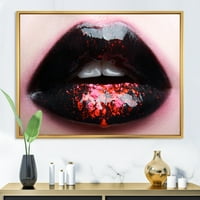 DesignArt 'puna ženske usne s ružičastom i crnom' Moderno uokvireno platno zidne umjetničke print