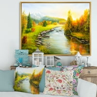 Dizajnerska umjetnost jesenski krajolik sa šumom, rijekom i planinama kuća na jezeru uokvirena na platnu zidni
