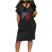 Odeerbi 4. srpnja Patriotska ljetna haljina za žene casual modne kratke rukave V-izrez s džepom crnom