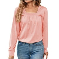 Ženska košulja s dugim rukavima kvadratna košulja za vrat Čvrsta boja naborana jesen pulover ružičasta veličina