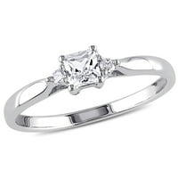 Zaručnički prsten od sterling srebra s 3 kamena kvadratno izrezan bijeli safir i dijamant okruglog reza s naglaskom