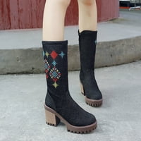Jesensko-zimske ženske gležnjače s etničkim vezom, traper čizme s debelim potplatom s visokim potpeticama sa bočnim