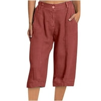 Ženske hlače u donjem rublju, obični Casual Capri s elastičnim džepovima i gumbima, pamučne i lanene hlače za