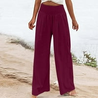 Lanene hlače, ženske ljetne modne casual obične ravne tekuće hlače, boemske hlače za plažu visokog struka, velike