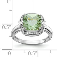 Prsten od čistog srebra presvučen rodijem s dijamantom i zelenim kvarcom u kariranom rezu