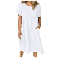 Žene plus ženska modna modna čvrsta kratka rukava okrugli džep retro dugačka haljina bijela