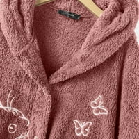 Synoidni ženski kaputi- Tiskani gumb Plush vrhovi s kapuljačom labavi kardigan vuneni kaput zimska jakna ružičasta
