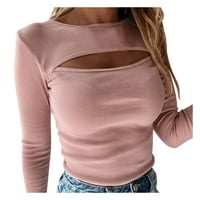 Žene okrugli vrat dugi rukav pulover gornji šupljina čvrsta boja tanka ležerna majica