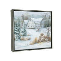 Slikovita seoska štala snježna scena pejzažno slikarstvo sjajni sivi uokvireni umjetnički tisak zidna umjetnost