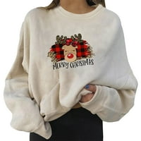 & Božićne Ženske dukserice, Ženski džemper, ležerna kratka košulja s okruglim vratom s printom dugih rukava, pulover