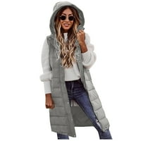 Ženska duga donja jakna, zimski prošiveni prsluk s kapuljačom, bez rukava, patentni zatvarač, duga jakna, Sivi