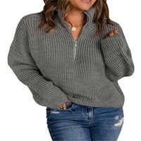 Ženski džemper pleteni pulover s dugim rukavima s uspravnim ovratnikom, jednobojni vrhovi s patentnim zatvaračem