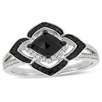 1- Karat T.W. Crno -bijeli dijamant sterling srebrni halo koktel prsten