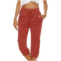 Ženske lanene Capri hlače Plus Size, Ležerne hlače ravnih nogavica, pamučne hlače s elastičnim strukom i džepovima,lubenica