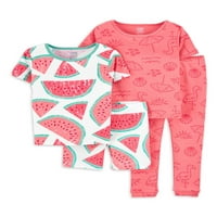 Pidžama Set za bebe i djevojčice, pripijena majica, kratke hlače i hlače, 4 komada, 12m-5T