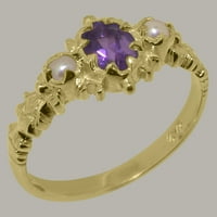 Ženski jubilarni prsten od 14k žutog zlata britanske proizvodnje s prirodnim ametistom i kultiviranim biserima