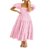 Žene duge haljine kvadratni vrat Ljetna plaža Sundress Solid Color Maxi haljine A-Line Kaftan Pink M