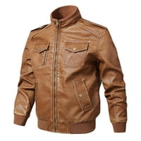 Muška jednobojna motociklistička jakna s uspravnim ovratnikom debela kožna jakna zimska jakna za muškarce dugi
