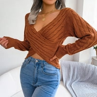 Vintage ženski labavi džemperi, Ženski džemper s križnim izrezom u obliku slova U, uvijanje prženog tijesta, džemper