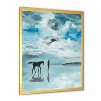 Dizajnerska umjetnost mirna scena s konjem i čovjekom koji trče uz vodu, uokvirena umjetnička gravura seoske kuće