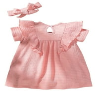 Odjeća za haljinu za novorođenčad, kratki rukavi čvrste boje ruffles dekor Okrugli vratni haljina + Slatki set