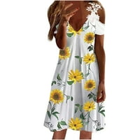 Proljetne haljine za žene casual Slimming povucite tiskani kratki rukavi s V-izrezom čipka hladna haljina od žutih