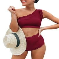 Bikini Set za žene s jednim ramenom, Jednobojni modni kupaći kostim s festonastim oblogama, kupaći kostim visokog