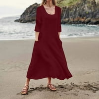 Haljine za žene, ženska modna ležerna jednobojna haljina od pamuka i lana s džepovima, boja vina, 4 inča
