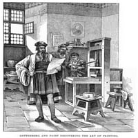 Johann Gutenberg. Njemački izumitelj. Gutenberg i njegov partner Johann Fust sa svojom tiskarom u Mainzu: drvo