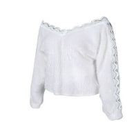 Ženski bijeli džemper v Neck Dugi rukav ležerni labavi pulover izleta čipkasta ploča gornji džemper bijeli xl