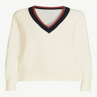 Ženski kontrastni džemper širokog kroja s izrezom u obliku inča i dugim rukavima srednje duljine, veličine u obliku