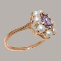 Ženski prsten od prirodnog ametista i kultiviranih bisera od ružičastog zlata 10K britanske proizvodnje - opcije