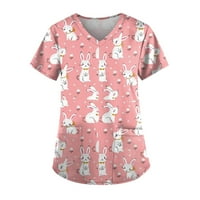 Blouses for Women Fit Women's Short-Sleeved V-Neck Easter Print Pocket Carer Top Ladies Top Pink L