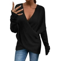 Ženski jednobojni široki pleteni džemper s izrezom u obliku slova U i dugim rukavima
