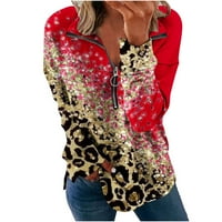 Youmao Trendy Quarter Zip Twebirt za žene lagane patchwork s dugim rukavima Slatke leopardove print trening majice