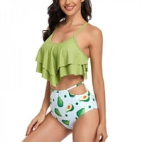 Sonbest ženska velika dvostruka ruffle kupaći kostim visoki struk bikini dva odijela zelena boja lišća l