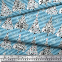 Plava Rajonska tkanina u prugastim prugama s božićnim printom ptica i drveća širokog dvorišta