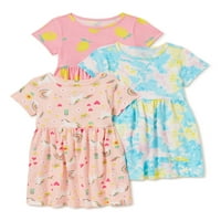 Wonder Nation Baby & Toddler Girls Organski pamučni kratki rukavi pletene haljine s džepovima, 3-pak, veličine