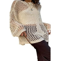 Ma i bebe ženske ležerne džempere s dugim rukavima Kroćej Pleteni šupljina izlazni pulover bluza S-XL