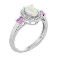 Ovalni prsten od sterling srebra dizajnira laboratorij s opalom, ružičastim safirom i bijelim safirom