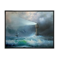 DesignArt 'Svjetla sjajna svjetlost tijekom olujnih oblaka Night II' Nautical & Coastal Framed Canvas Wall Art