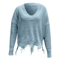 Džemperi za žene, ženski široki ležerni pulover s izrezom u obliku slova u, donji dio s resama, jednobojni pleteni