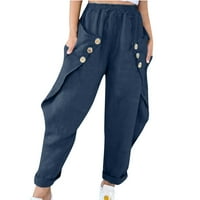Ženske hlače modne ženske široke jednobojne pamučne lanene Ležerne hlače s velikim džepovima, sportske hlače Ženske