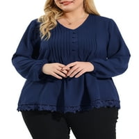 Jedinstvene ponude ženske plus veličine čvrste nabora V vrat čipka casual bluza