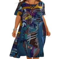 Rejlun Women Summer Beach Sundress Sažetak print duga haljina kratka rukava casual party maxi haljine plave s