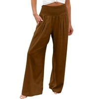 Ženske pamučne lanene hlače, široke rastezljive duge hlače visokog struka za ležerne Palazzo hlače s džepovima,