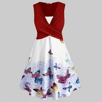 Ljetne haljine za žene V-izrez srednje dužine casual a-line patchwork bez rukava bez rukava crvena 5xl