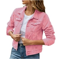 Ženski zimski kaput dugih rukava traper jakna bez kapuljače jednobojna traper jakna s džepom i gumbima ružičasta