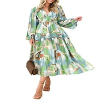 Ženska duga haljina s cvjetnim printom, boemska haljina s izrezom i dugim rukavima, proljetna ležerna haljina