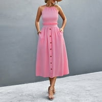 Ženska seksi ležerna haljina za ljuljanje s naramenicama na vratu, bez rukava, džep na kopčanje, u ružičastoj